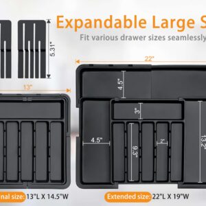 Homecor Silverware Organizer - Expandable Large Kitchen Drawer Organizer Utensil Organizer with 2 Removable Knife Blocks, 22"x 19"Cutlery Tray Drawer Dividers for Kitchen Flatware(6-9 Slots) (Black)