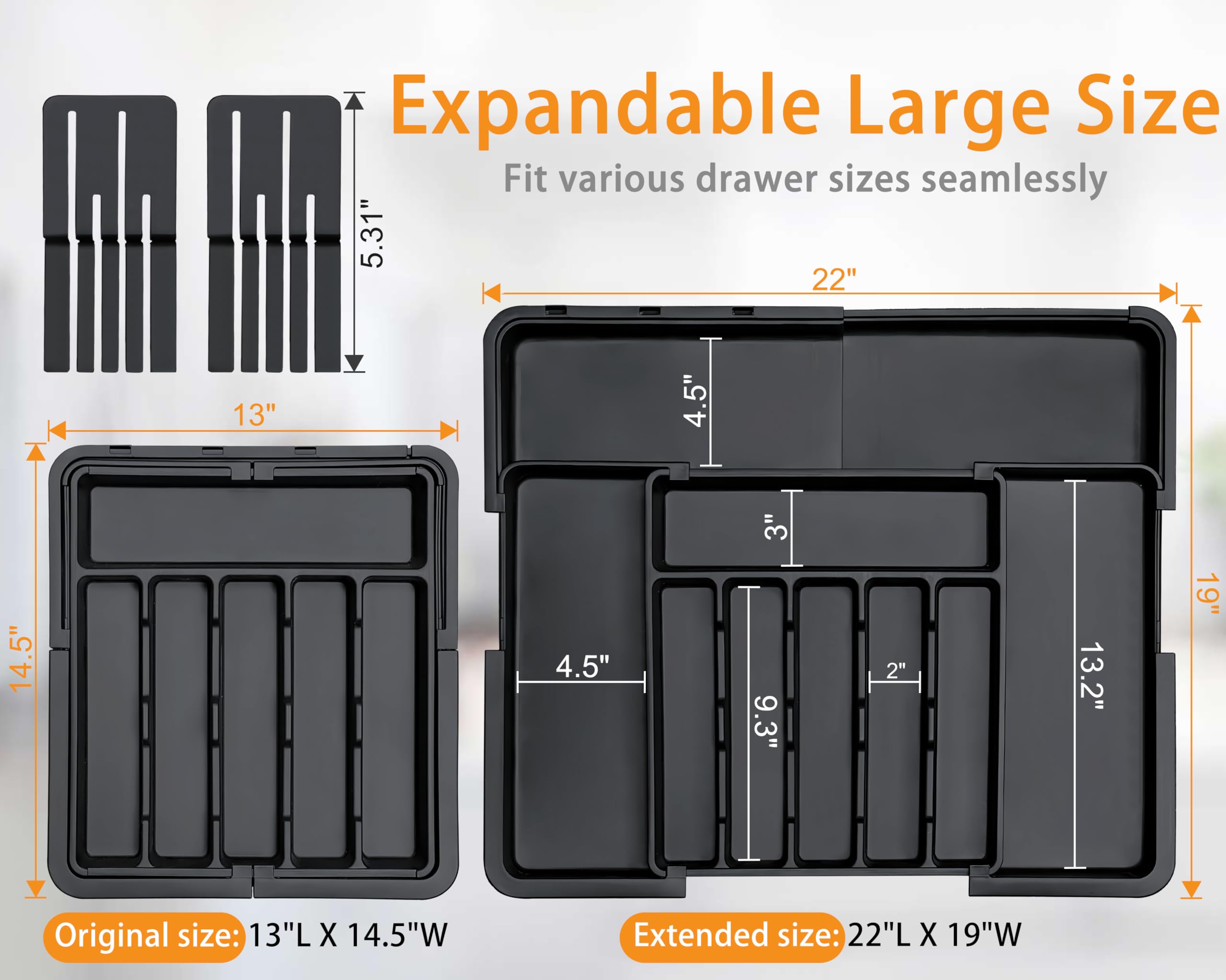 Homecor Silverware Organizer - Expandable Large Kitchen Drawer Organizer Utensil Organizer with 2 Removable Knife Blocks, 22"x 19"Cutlery Tray Drawer Dividers for Kitchen Flatware(6-9 Slots) (Black)