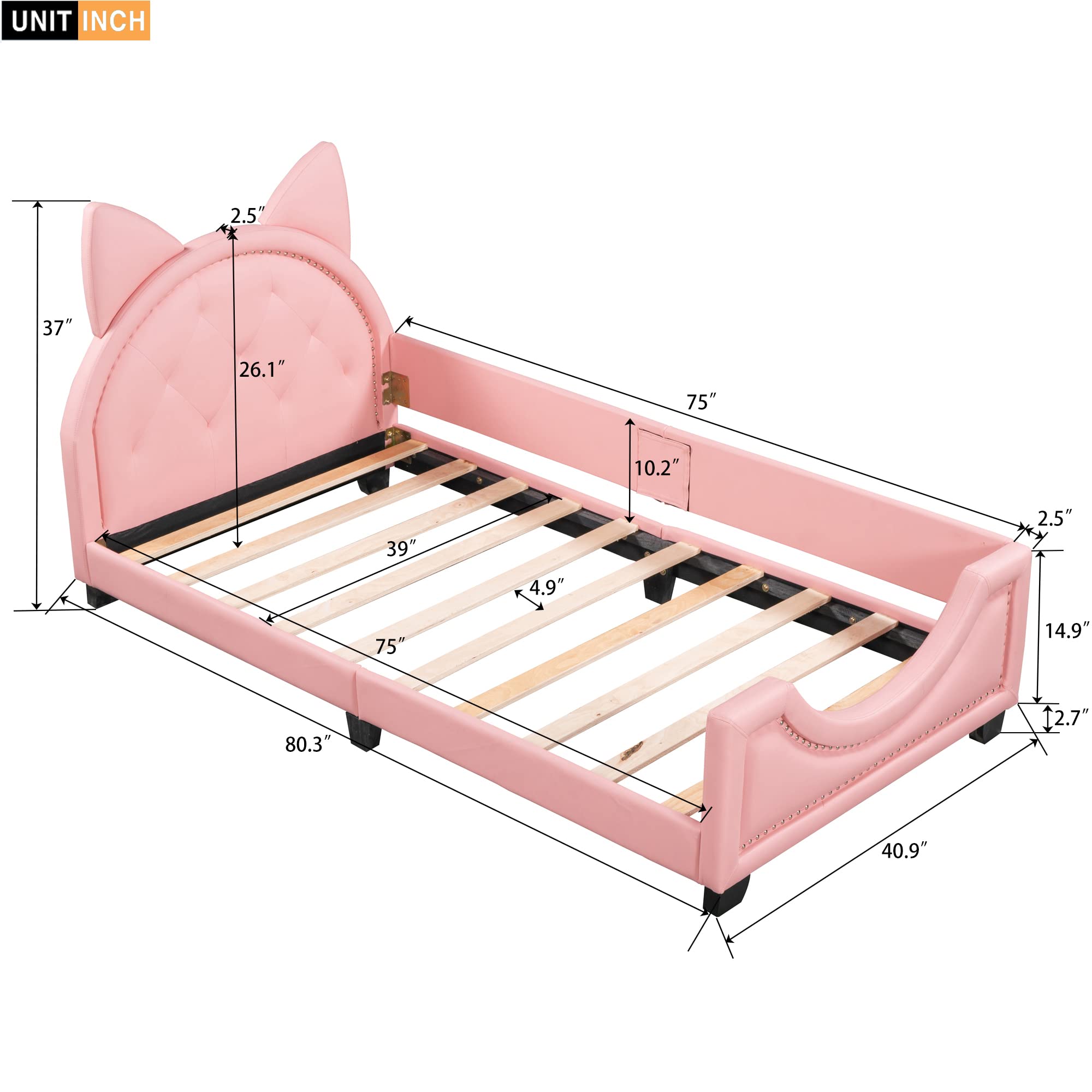 ACQCA Twin Size Daybed with Carton Ears Shaped Headboard, PU Leather Upholstered Platform Bed with Button Tufting Nailhead Trim for Kids Girls Boys, No Box Spring Needed,Pink