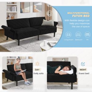 JEEOHEY Futon Sofa Bed, 78" Convertible 3 Seat Sleeper Sofa w/5 Level Adjustable Split Backrest & 3 Level Armrest, Oversized Velvet Futon Couch Bed for Living Room, Apartment, Small Space, Black