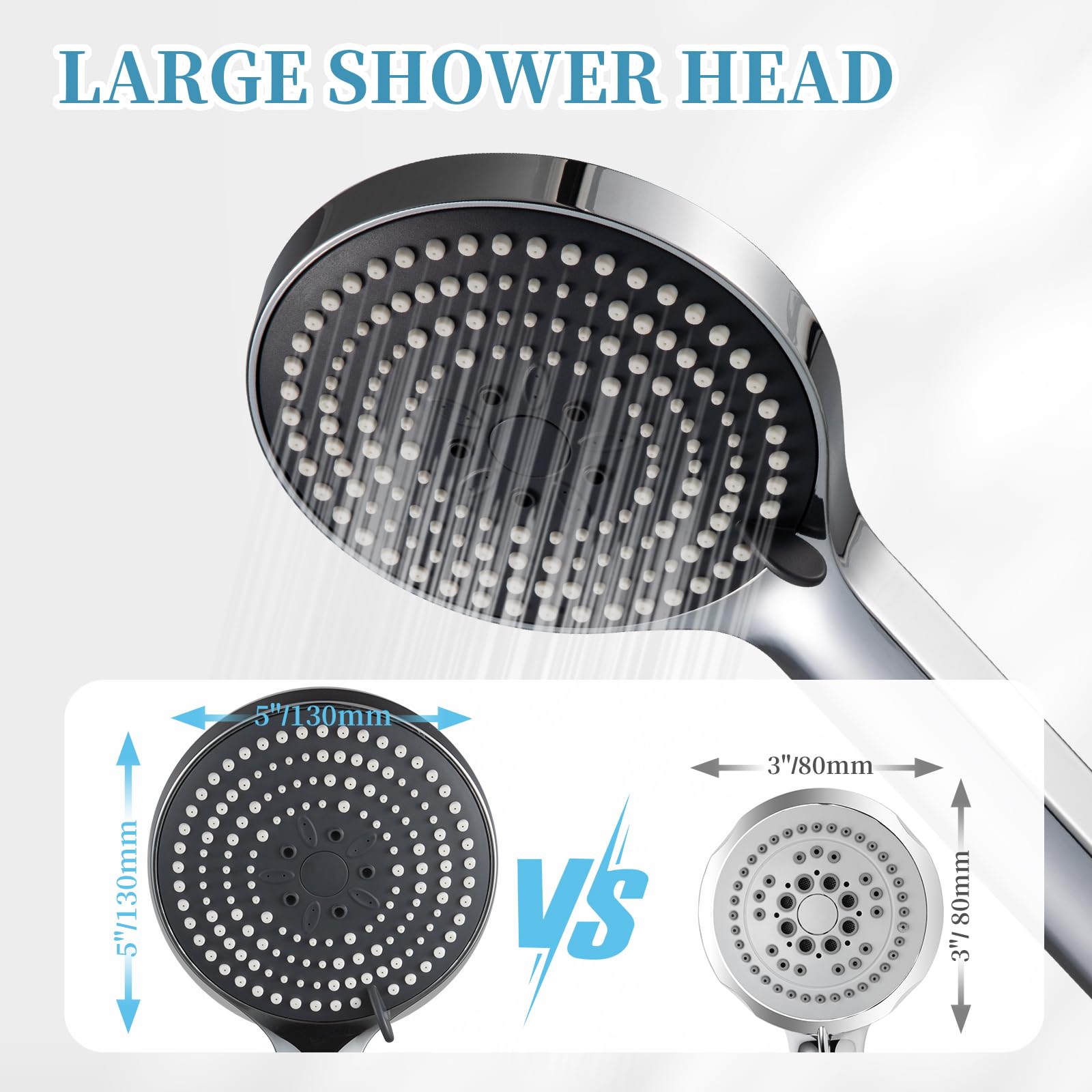 OFFO Handheld Shower Head Set, 6-Mode High Pressure Handheld Sprayer with 60 Inch Stainless Steel Hose & Holder, High Flow Large Powerful Boosting Handheld Showerhead for Low Water Pressure, Chrome