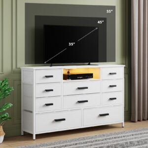 Harpaq White Dresser for Bedroom with 10 Drawers, Dresser with Charging Station, TV Stand Dresser with LED Light for 55" TV, Fabric Drawer Dresser with PU Finish, Chest Dresser for Bedroom, Closet