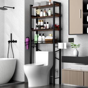 over the toilet storage cabinet,4 tier bathroom organizers and storage with adjustable shelf waterproof feet pad and basket ,multifunctional space saver freestanding bathroom shelves with dividers