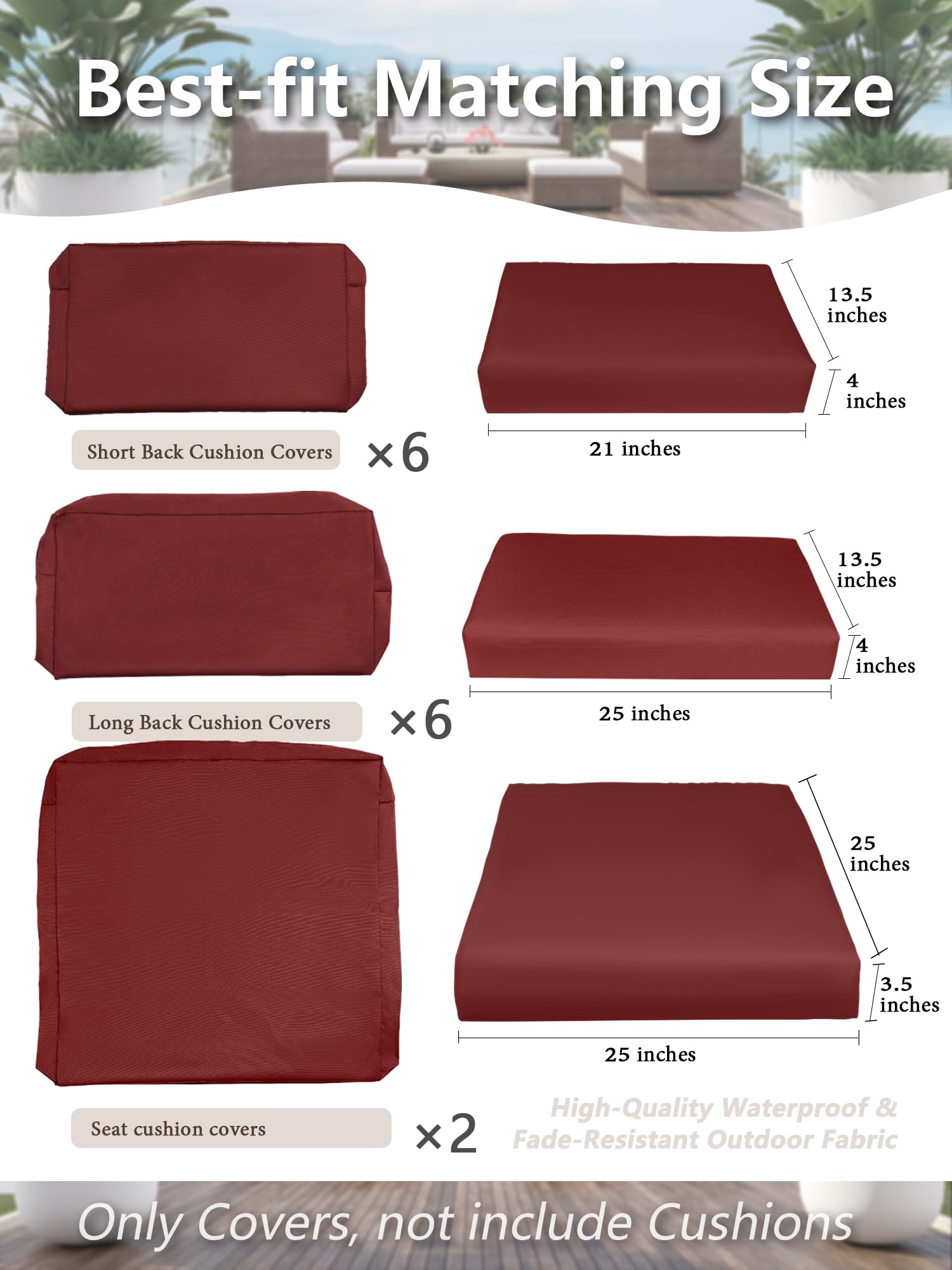 OmniBuy 14 Piece Outdoor Patio Cushion Covers Replacement (2 Seat Covers, 6 Back Covers, and 6 Side Covers) Outdoor Cushion Slipcovers with Zipper for Outdoor Furniture (Burgundy)