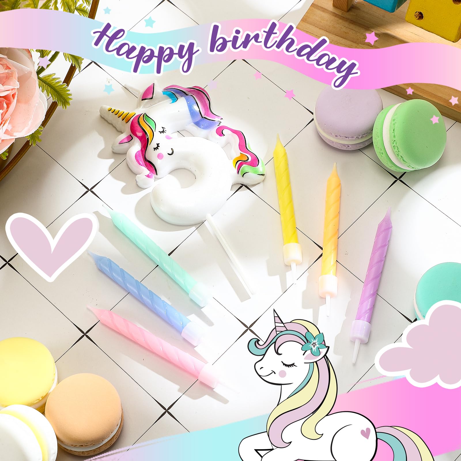 Threlaco Unicorn Birthday Number Candle Macaron Unicorn Cake Topper Decoration with 12 Pcs Rainbow Spiral Birthday Candles with Holders for Baby Girl Boy Birthday Unicorn Theme Party(Number 5)