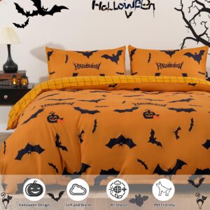 Xruibed Halloween Duvet Cover Set King Pumpkin Bat Orange Bedding Duvet Cover Set 3 Pieces Halloween Duvet Cover with 2 Pillowcases Funny Halloween Comforter Cover Set for Kids Teens 104"x90"