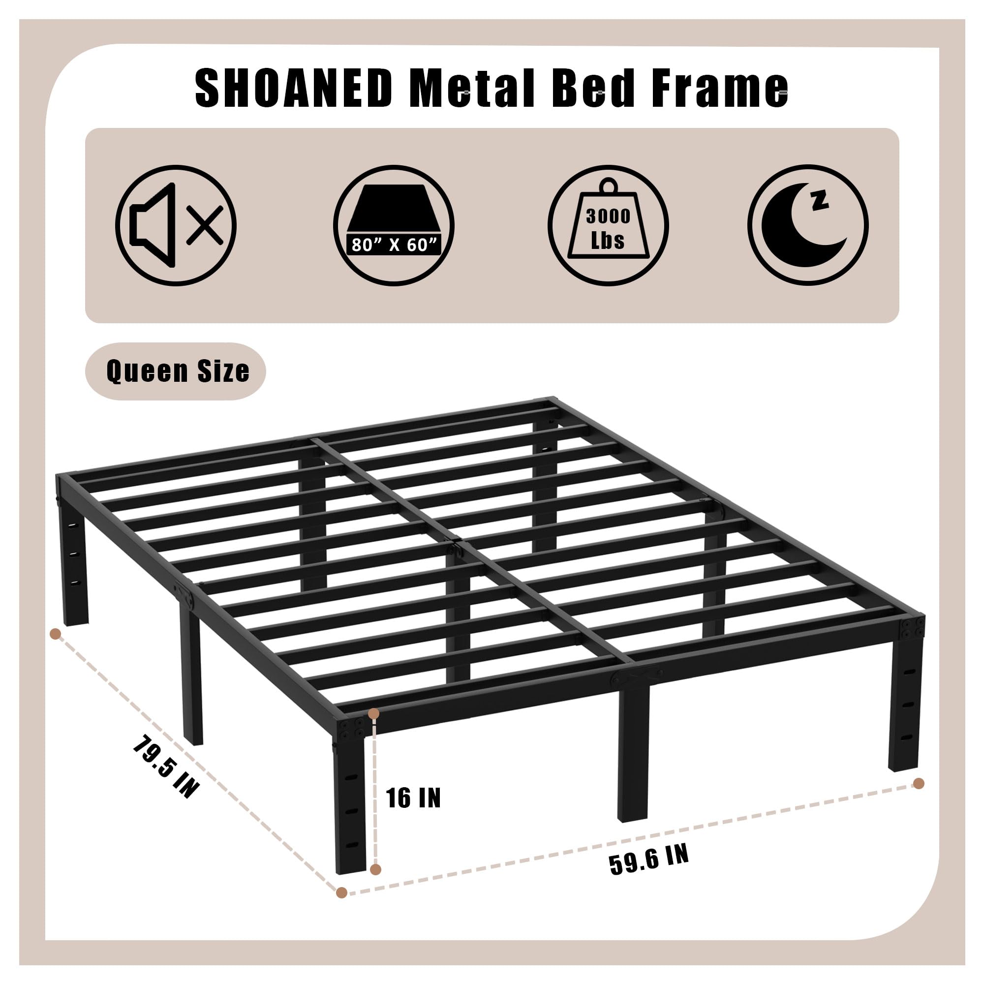 SHOANED Queen Size Metal Bed Frame - 16 Inch Heavy Duty Bedframe Black Basic Steel Slats Platform No Box Spring Needed, Easy Assembly, Noise Free