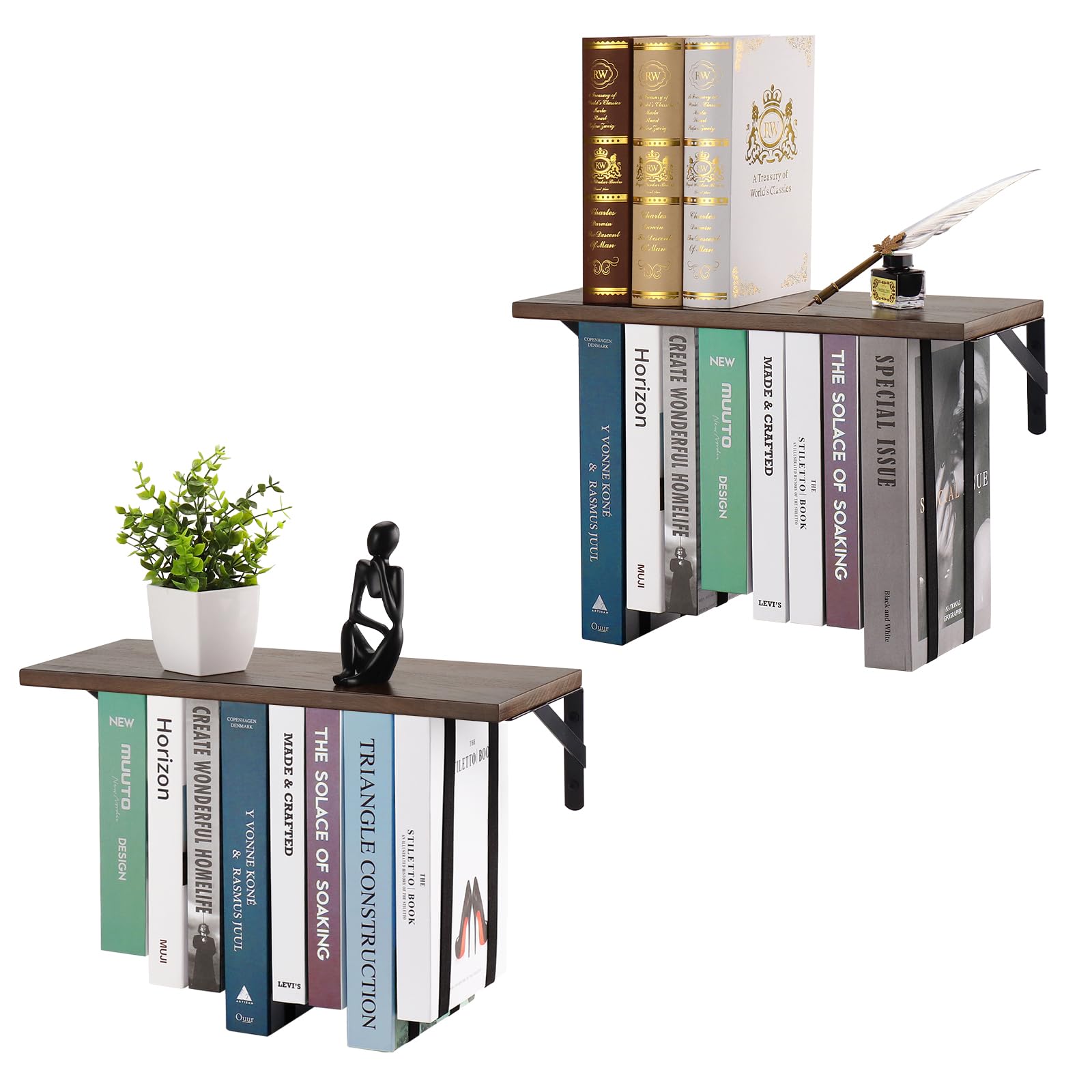 Outink Floating Book Shelves for Wall, Multi-Function Space Saving Wall Bookshelf, Unique Wooden Hanging Bookshelf for Bedroom Living Room Decor & Storage, 16" x 7" (2 Packs, Dark Brown)