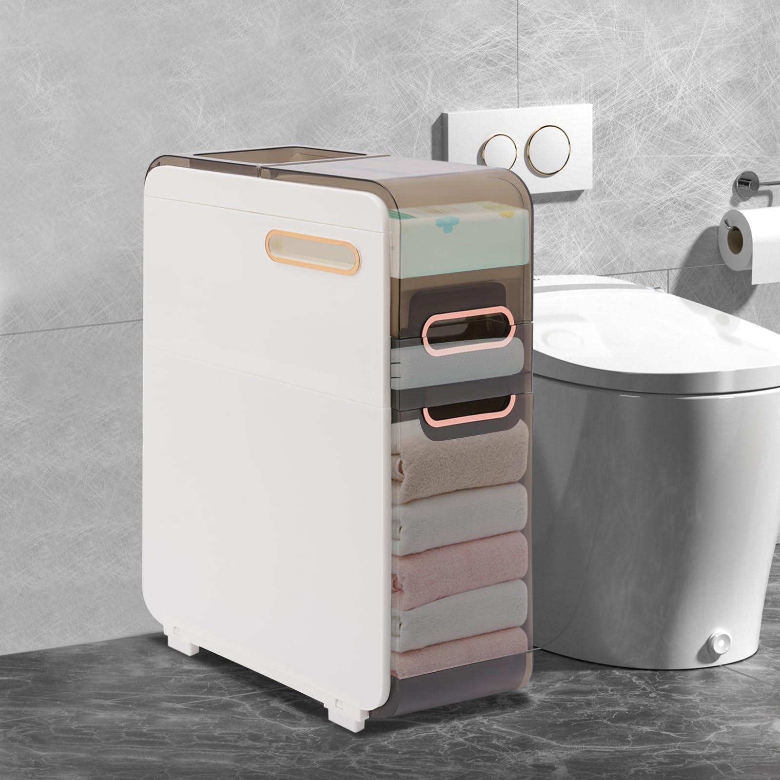 HuaShuani Narrow Bathroom Storage Cabinet, Plastic Bathroom Floor Cabinet, Toilet Side Cabinet Toilet Paper Holder with 3 Drawers, Translucent Panels Design (22 * 41.5 * 60CM)