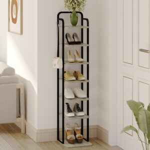 hzuaneri vertical shoe rack, shoe shelves, wood shoe organizer for closet, entryway, shoe tower for small spaces, free standing, adjustable, with 2 hooks, 7 tier greige sr20205b