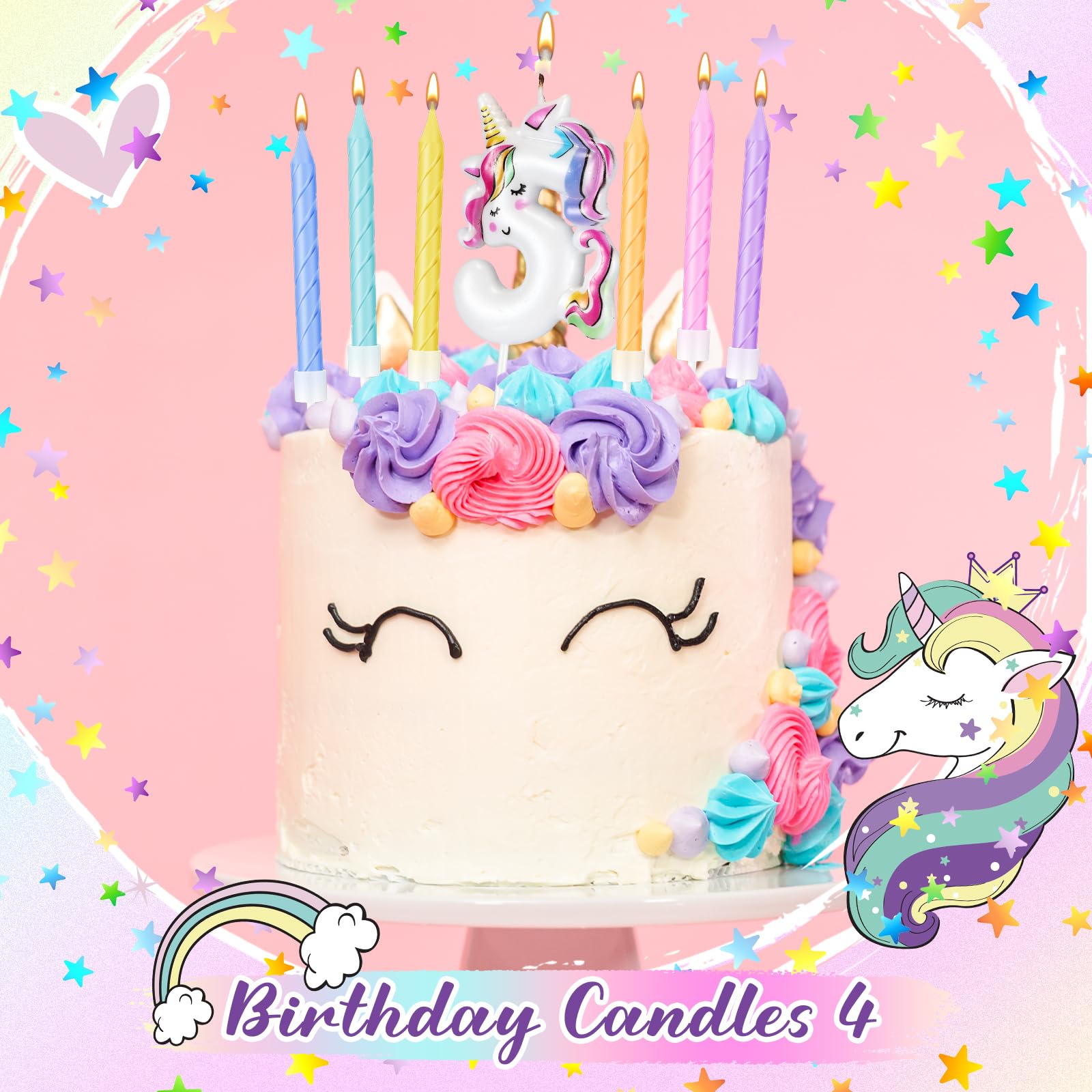 Threlaco Unicorn Birthday Number Candle Macaron Unicorn Cake Topper Decoration with 12 Pcs Rainbow Spiral Birthday Candles with Holders for Baby Girl Boy Birthday Unicorn Theme Party(Number 5)