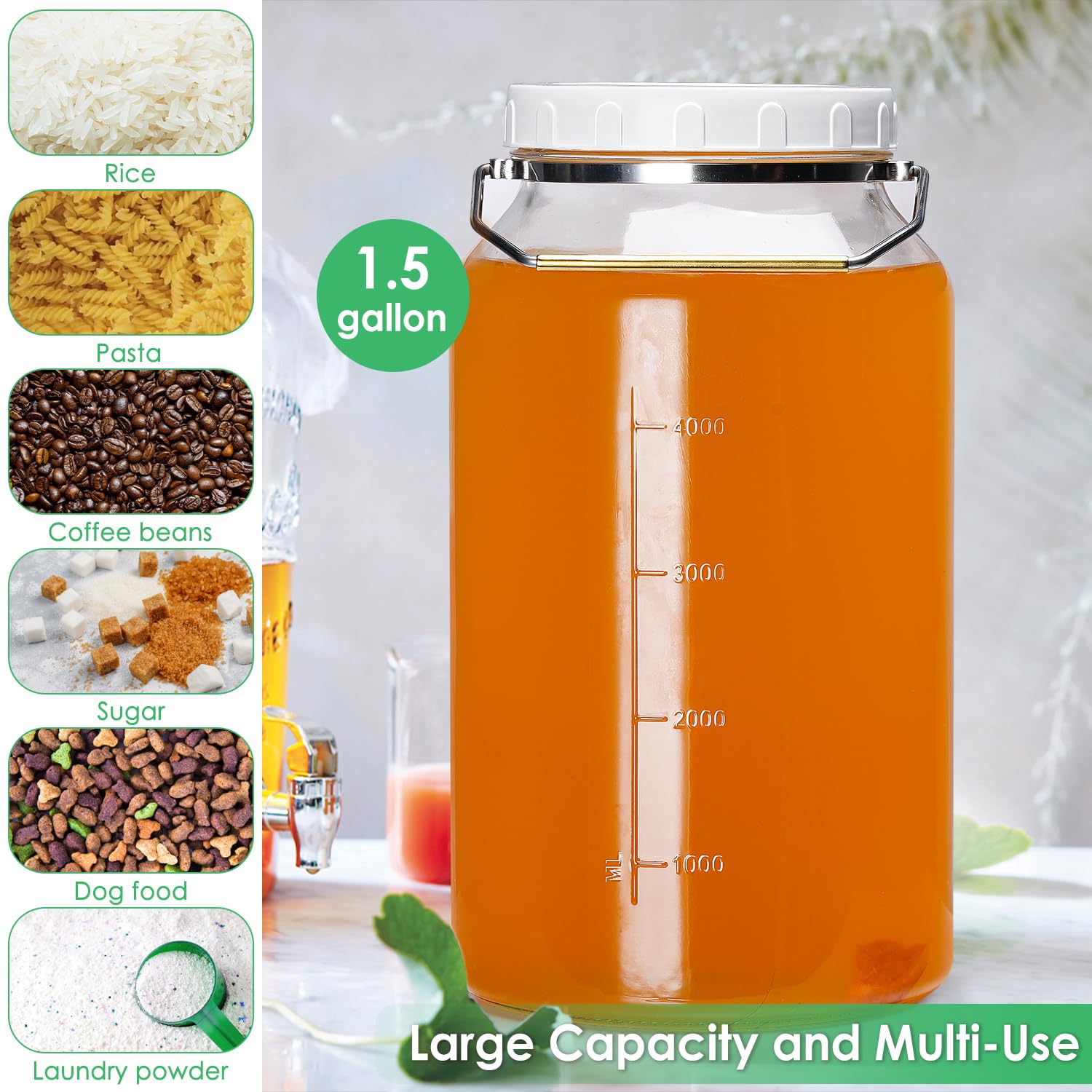 Qianfenie 1 Pack 1.5 Gallon(5700ML) Glass Jar with Screw Lid, BPA Free and Dishwasher Safe, Wide Mouth Glass Canister with Stainless Steel Handle, Large Mason Jar for Kitchen Food Storage