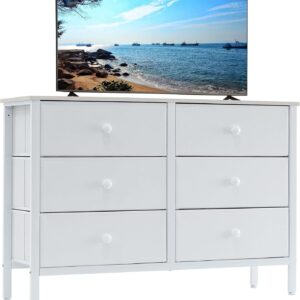 LYNCOHOME White Dresser for Bedroom, 6 Drawer Wooden Dresse, Small Dresser for Bedroom and 50" Tv, Entertainment Center with Metal Frame, Wooden Top,Dressers for Kids, Fabric Dressers for Nursery