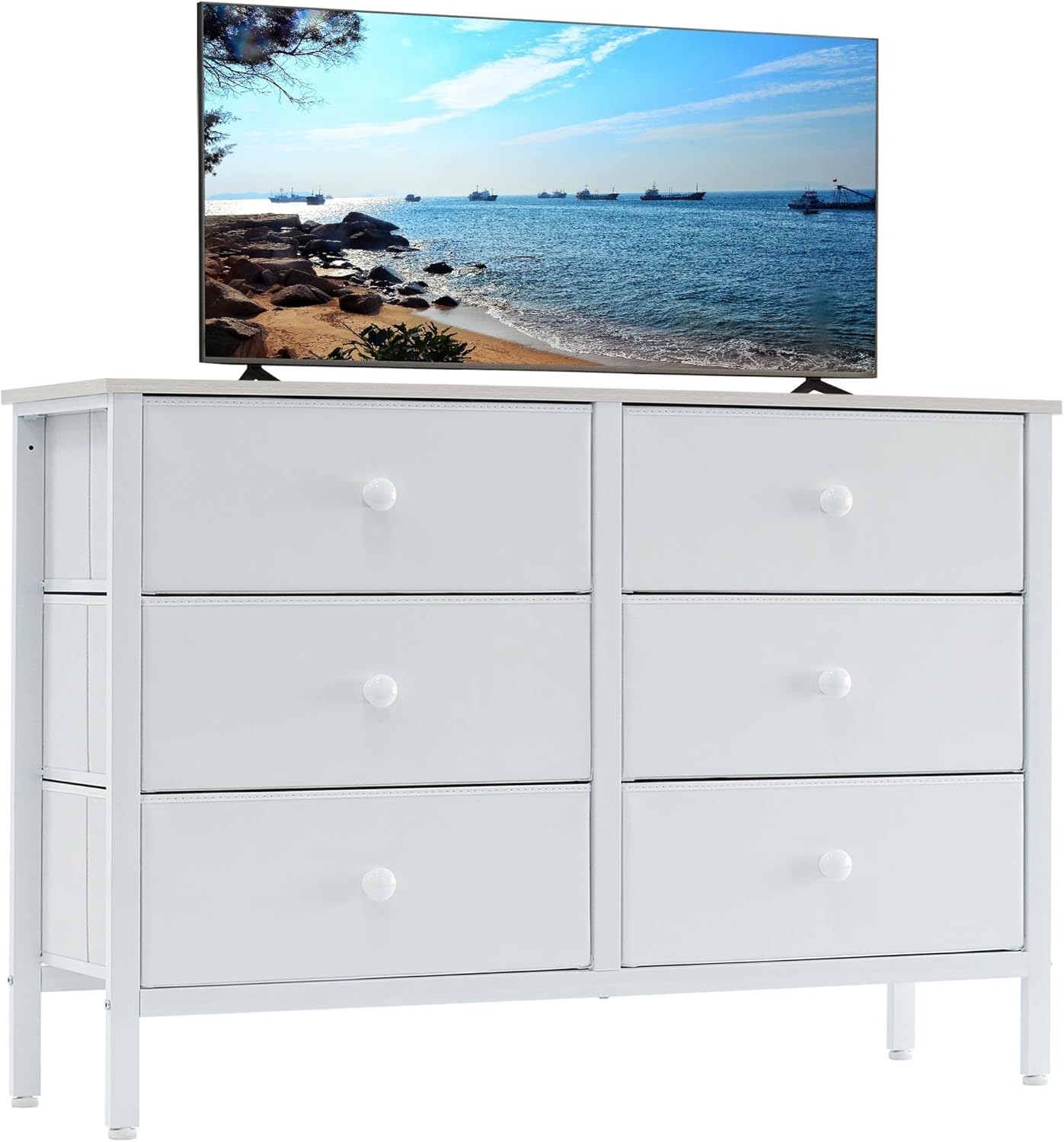 LYNCOHOME White Dresser for Bedroom, 6 Drawer Wooden Dresse, Small Dresser for Bedroom and 50" Tv, Entertainment Center with Metal Frame, Wooden Top,Dressers for Kids, Fabric Dressers for Nursery