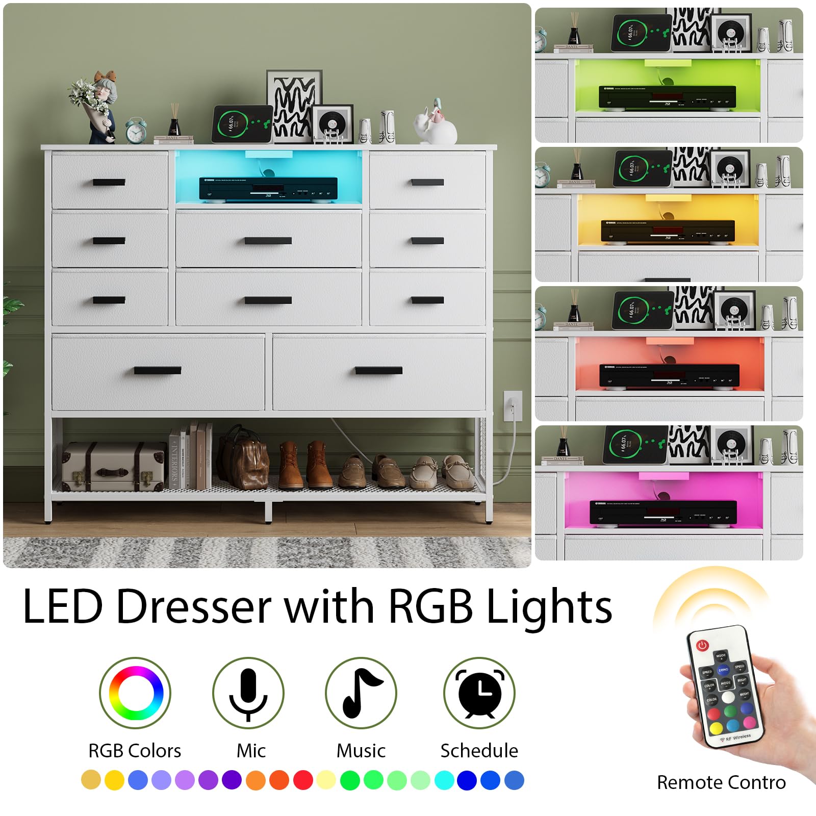 Harpaq White Dresser for Bedroom with 10 Drawers, Dresser with Charging Station, TV Stand Dresser with LED Light for 55" TV, Fabric Drawer Dresser with PU Finish, Dresser with Shelves for Closet