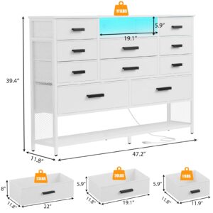 Harpaq White Dresser for Bedroom with 10 Drawers, Dresser with Charging Station, TV Stand Dresser with LED Light for 55" TV, Fabric Drawer Dresser with PU Finish, Dresser with Shelves for Closet