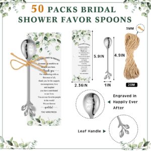 Tioncy 50 Pcs Bridal Shower Favors Tea Spoons 4.9 Inch Silver Stainless Steel Leaf Dessert Teaspoon Coffee Tea Party Favors with Thank You Cards and Rope for Gift Bridal Shower Guests Wedding