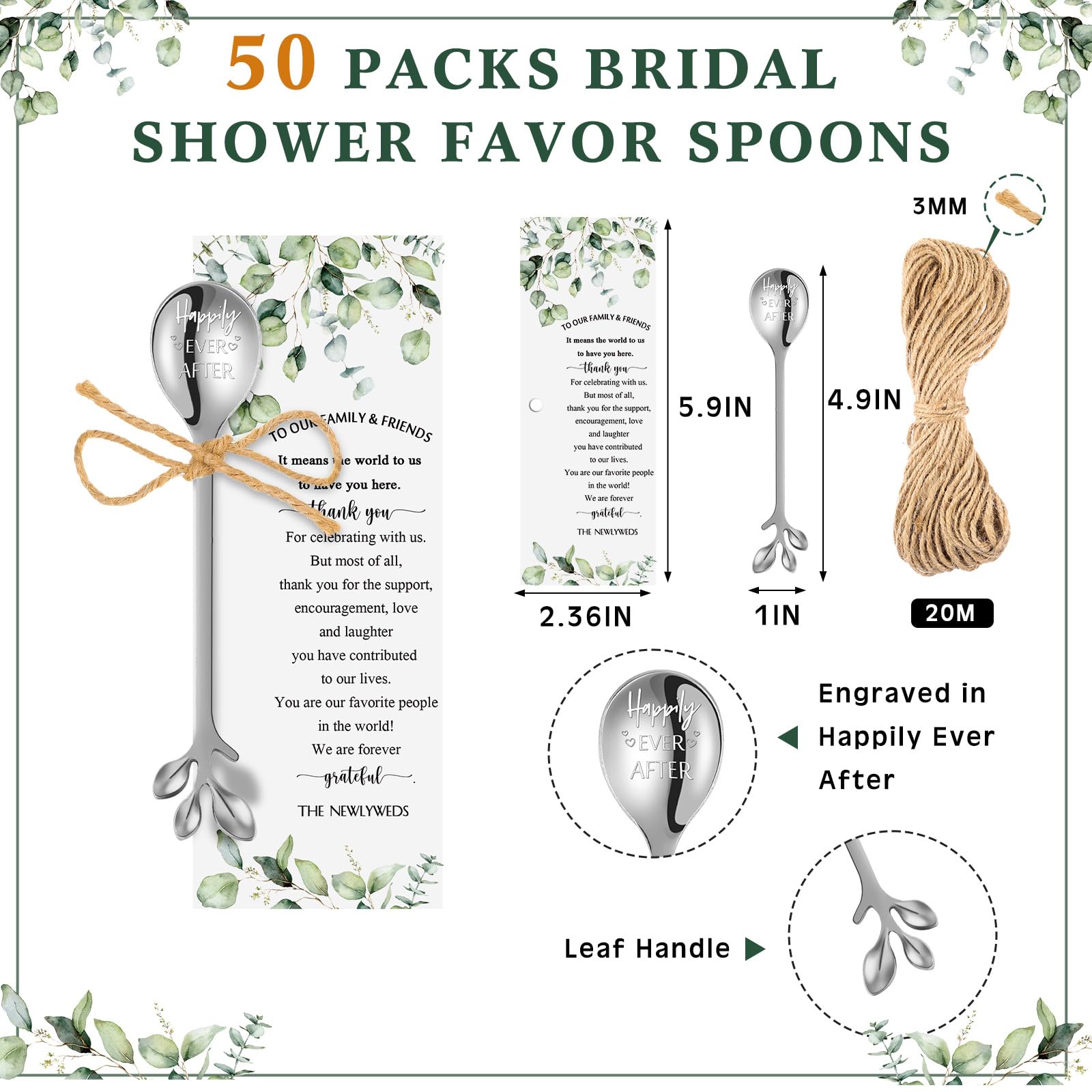 Tioncy 50 Pcs Bridal Shower Favors Tea Spoons 4.9 Inch Silver Stainless Steel Leaf Dessert Teaspoon Coffee Tea Party Favors with Thank You Cards and Rope for Gift Bridal Shower Guests Wedding