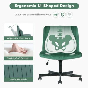 Criss Cross Chair, Office Chair Cross Legged with Wheels, Armless Office Chair, Velvet Desk Chairs with Wheels for Home Office, Meditation, Makeup (Velvet Green)