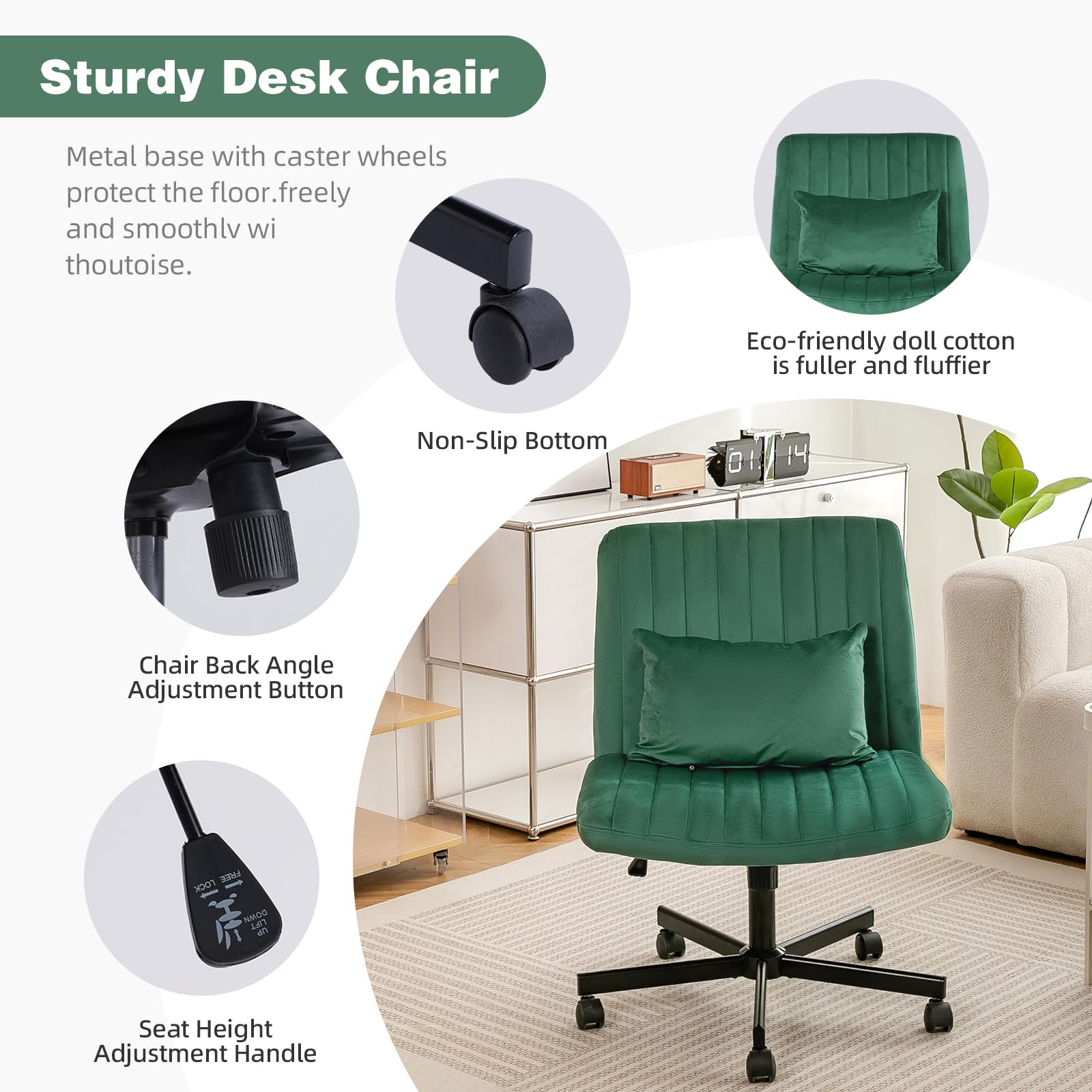 Criss Cross Chair, Office Chair Cross Legged with Wheels, Armless Office Chair, Velvet Desk Chairs with Wheels for Home Office, Meditation, Makeup (Velvet Green)