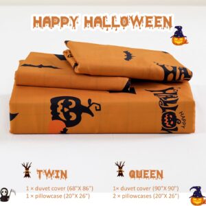 Xruibed Halloween Duvet Cover Set King Pumpkin Bat Orange Bedding Duvet Cover Set 3 Pieces Halloween Duvet Cover with 2 Pillowcases Funny Halloween Comforter Cover Set for Kids Teens 104"x90"