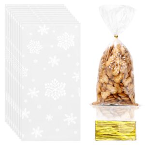 christmas cellophane gift bags, christmas treat bags, 50 pcs clear snowflake cookie candy cellophane bags with twist ties, goodie bags for xmas winter holiday party favor bags goody supplies