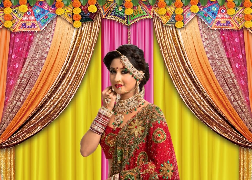 INRUI Indian Traditional Photography Background Diwali Pooja Colorful Curtain Decorations Indian Bridal Shower Wedding Party Photo Backdrop (7x5FT)