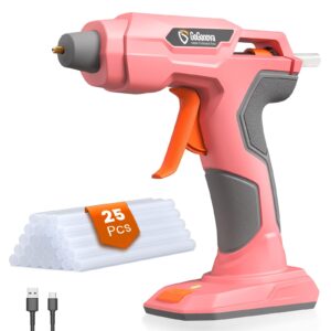 gogonova glue gun zuel, 20s fast preheating anti-drip cordless glue gun, 2ah usb-c rechargeable hot glue gun kit with 25 pcs mini glue sticks, smart power-off, pink