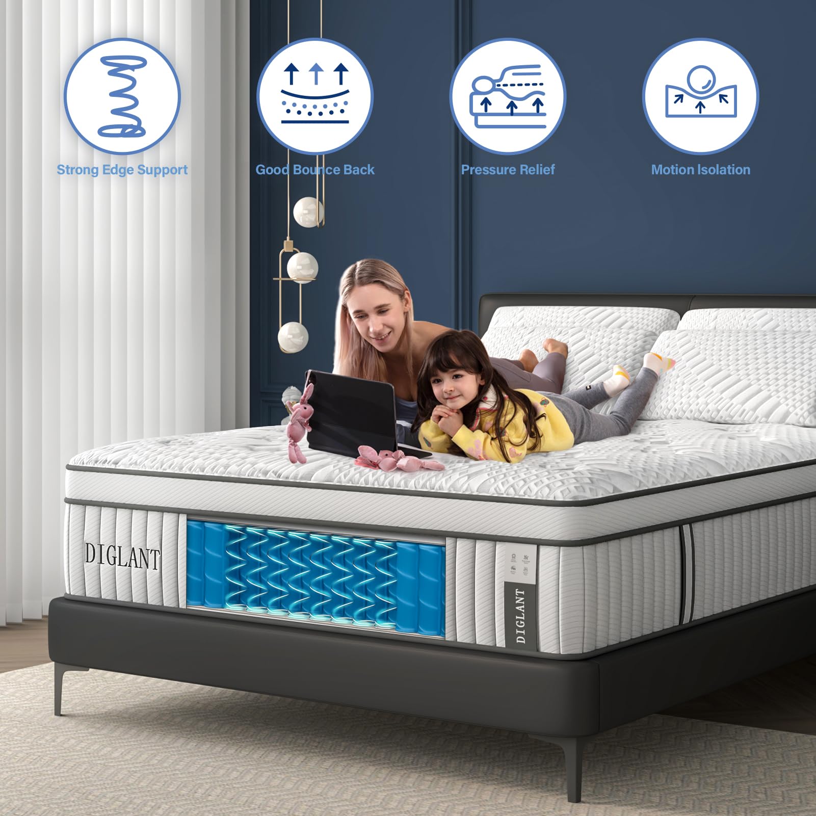 Queen Mattress, DIGLANT 14Inch Hybrid Cooling Gel Memory Foam Mattress, Medium Plush Feel with Pocket Springs, Support & Pressure Relieving Queen Size Mattress, CertiPUR-US Certified, 10 Year Warranty