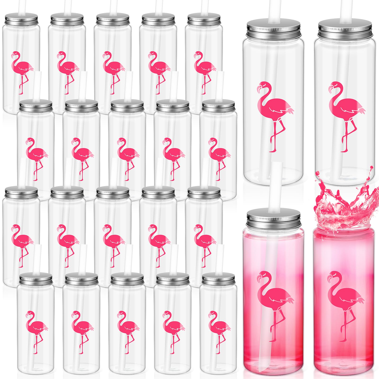 SiliFine 24 Pack Cups 14.2 oz Plastic Tumbler with Lid and Straw Clear Reusable Cups with Lids and Straws Cups for Birthday Party Supplies(Flamingo)