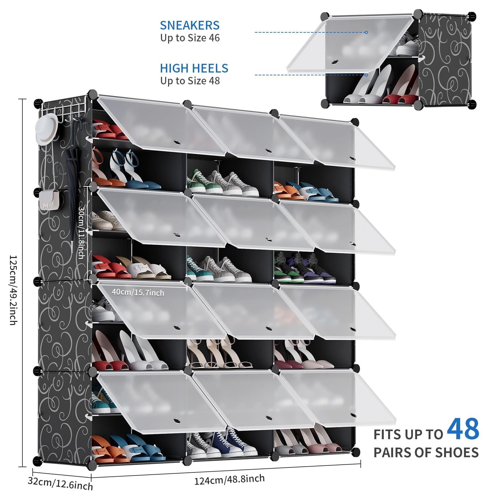 AINIYNM Shoe Rack Organizer 8 Tier Shoe Storage Cabinet 48 Pairs Covered Shoe Rack with Door Expandable Free Standing Stackable Space Shoe Rack with Versatile Hooks for Entryway Bedroom