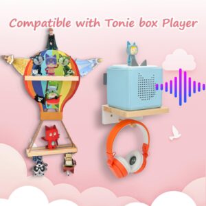 for Toniebox Tonies Shelf, Storage for Creative Tonies Magnetic Wall Shelf for Tonie Figures,8-15 Characters,Wooden Hanging Shelf for Kids (Hot air Balloon + Box Rack)