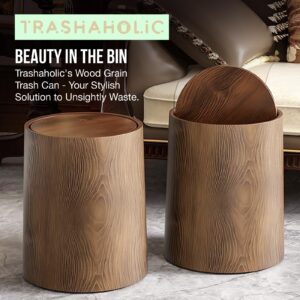 8L Trash Can with Lid - 2.1-Gallon Walnut Brown Wood Grain Bathroom Garbage Can with Swing Top Lid - Minimalist Diaper Trash Can w Removable Interior Waste Bucket - Dustbin for Office, Bedroom