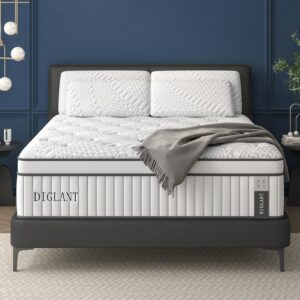 diglant full mattress, 14inch hybrid cooling gel memory foam mattress, medium plush feel with pocket springs, support & pressure relieving full size mattress, certipur-us certified, 10 year warranty