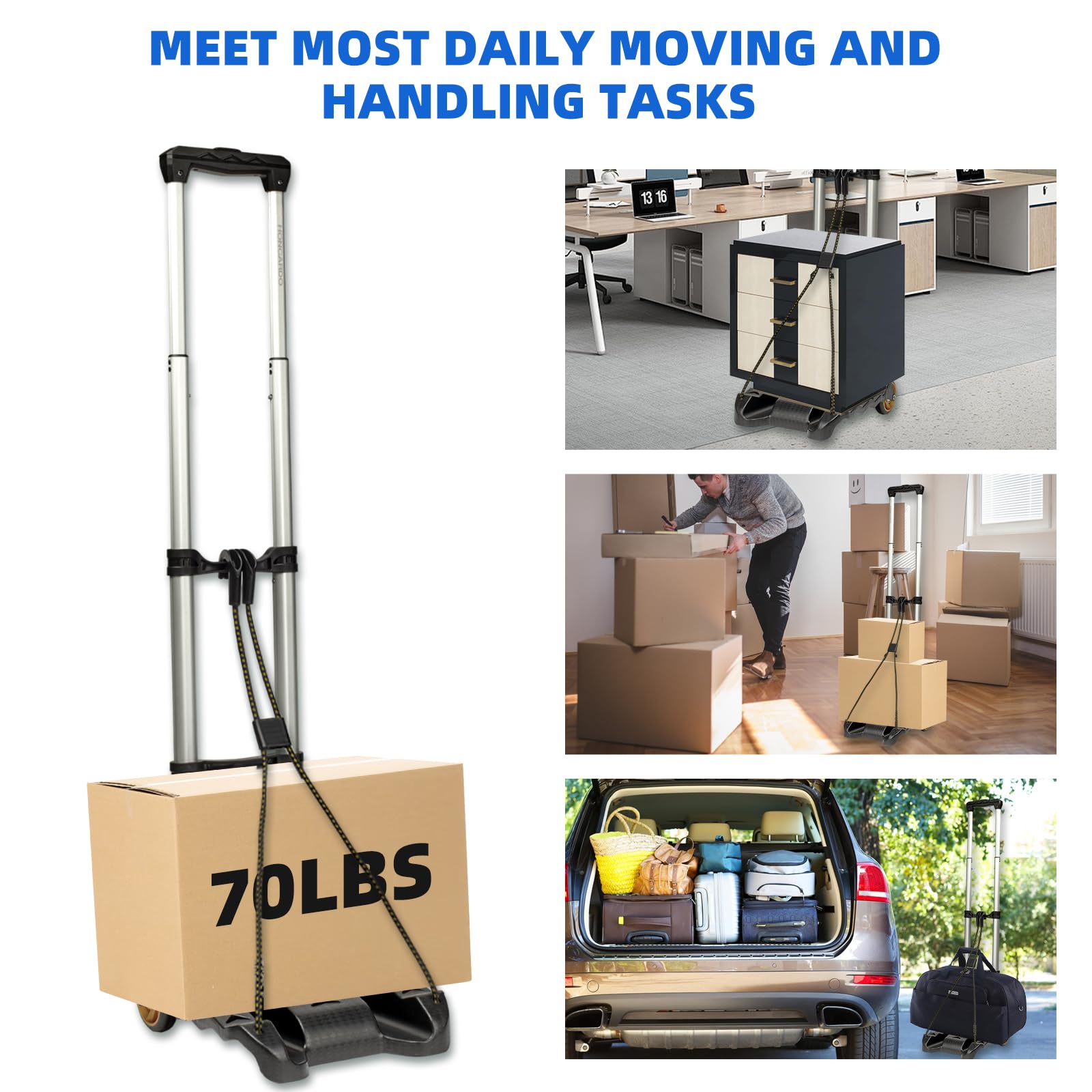 Folding Luggage Cart, Hand Truck 2 Wheels with Elastic Ropes, Solid Aluminum Utility Dolly Platform Cart, Compact and Portable Trolley for Moving Luggage, Backpack, Travel Moving and Office Use