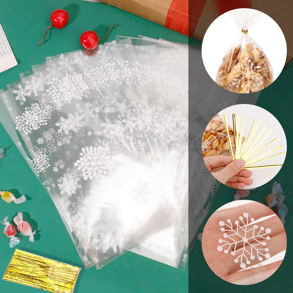 Christmas Cellophane Gift Bags, Christmas Treat Bags, 50 Pcs Clear Snowflake Cookie Candy Cellophane Bags with Twist Ties, Goodie Bags for Xmas Winter Holiday Party Favor Bags Goody Supplies