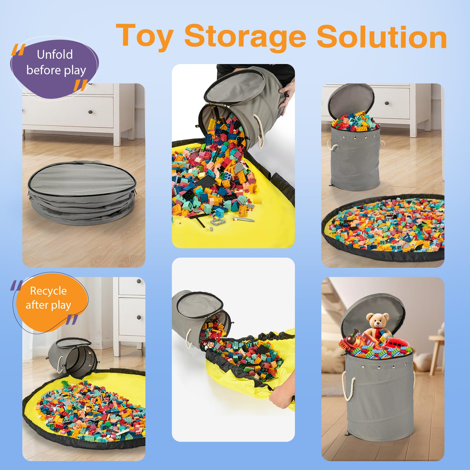 Toy Storage Basket + Play Mat for Kids Toy Chest Organizer Kids Toy Storage Organizer Foldable Big Storage Bins with Lids Large Toy Box for Boys Girls Toy Holders for Kids Rooms Nursery (Gray)