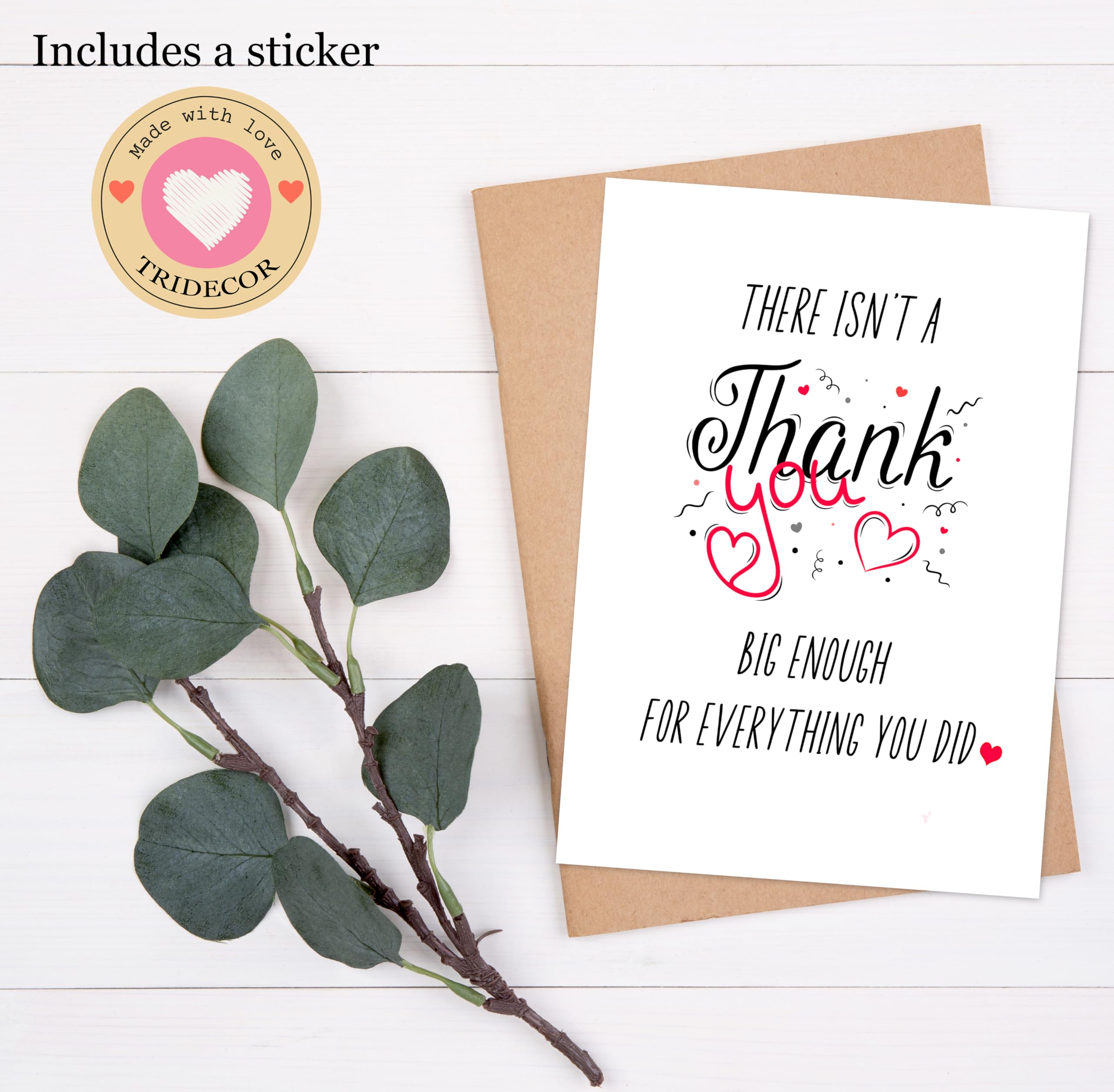 TRIDECOR Thank you Card with Envelope, Simple Cute Single Thankful Card, Grateful Gratitude Card - Folded 5"x7" Card for Him, Her, Teacher, Boss, Doctor, Mom, Dad, Coworker, Bridesmaids, Groomsmen