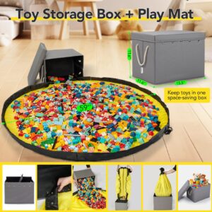 Toy Storage Organizer and Play Mat for Kids - Foldable Organizer Storage Bins with Lids - Detachable Mat Storage Bag Kids Toy Box for Boys, Girls, Nursery, Playroom, 11.6''x11.6''x15.5''(Grey)