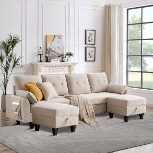 tornama 111" sectional couches for living room, modern polyester fiber u-shaped sofa couch with double chaise, 4 seat sofa set for apartment, beige