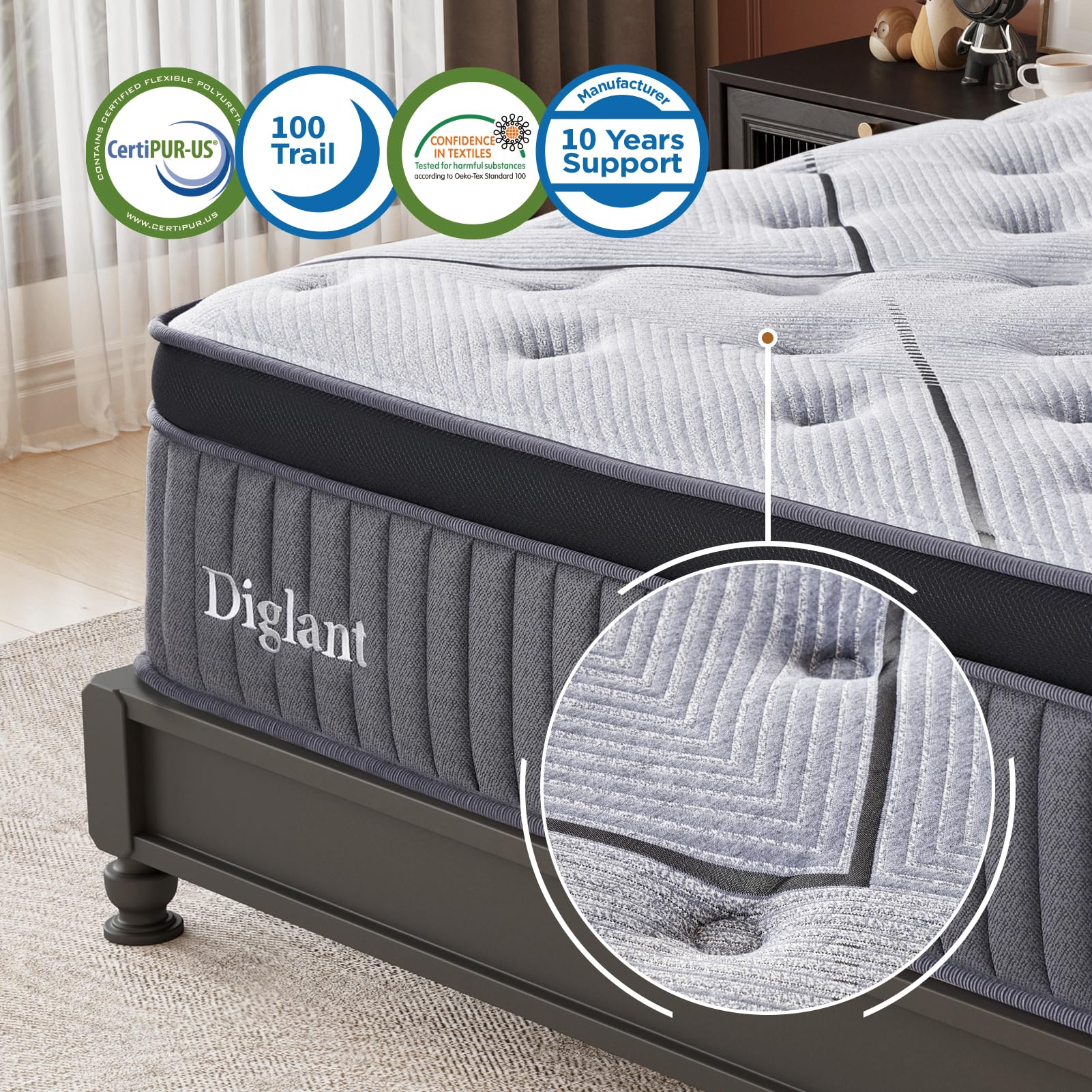 DIGLANT TwinXL Mattress, 14Inch Cooling Gel Memory Hybrid Medium Plush Mattress, TwinXL Size Individual Pocket Spring Mattress in Box, CertiPUR-US,10 Years Support