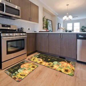 APROPHIC Autumn Kitchen Mats for Floor Buffalo Plaid Kitchen Rug Pumpkin Sunflower Absorbent Non-Slip Runner Rug for Festive Decor, Cushioned Standing,17x24 + 17x41 in