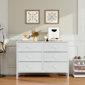 LYNCOHOME White Dresser for Bedroom, 6 Drawer Wooden Dresse, Small Dresser for Bedroom and 50" Tv, Entertainment Center with Metal Frame, Wooden Top,Dressers for Kids, Fabric Dressers for Nursery