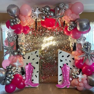 Disco Cowgirl Party Decorations,158Pcs Hot Pink Black Cow Print Cowgirl Balloon Arch Kit for Birthday Last Rodeo Bachelorette Bridal Baby Shower,Western Retro 80s 90s Party Balloon Garland Backdrop