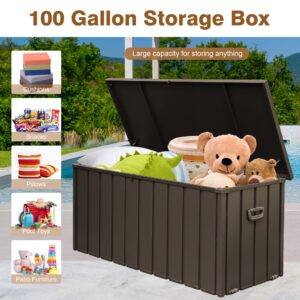 SHPAI 100 Gallon Deck Box with Indoor and Outdoor Use, Lockable Storage Container with Galvanized Steel, Waterproof Outdoor Cabinet for Pillows, Cushions, Pool Toys, Patio Furniture, Dark Brown