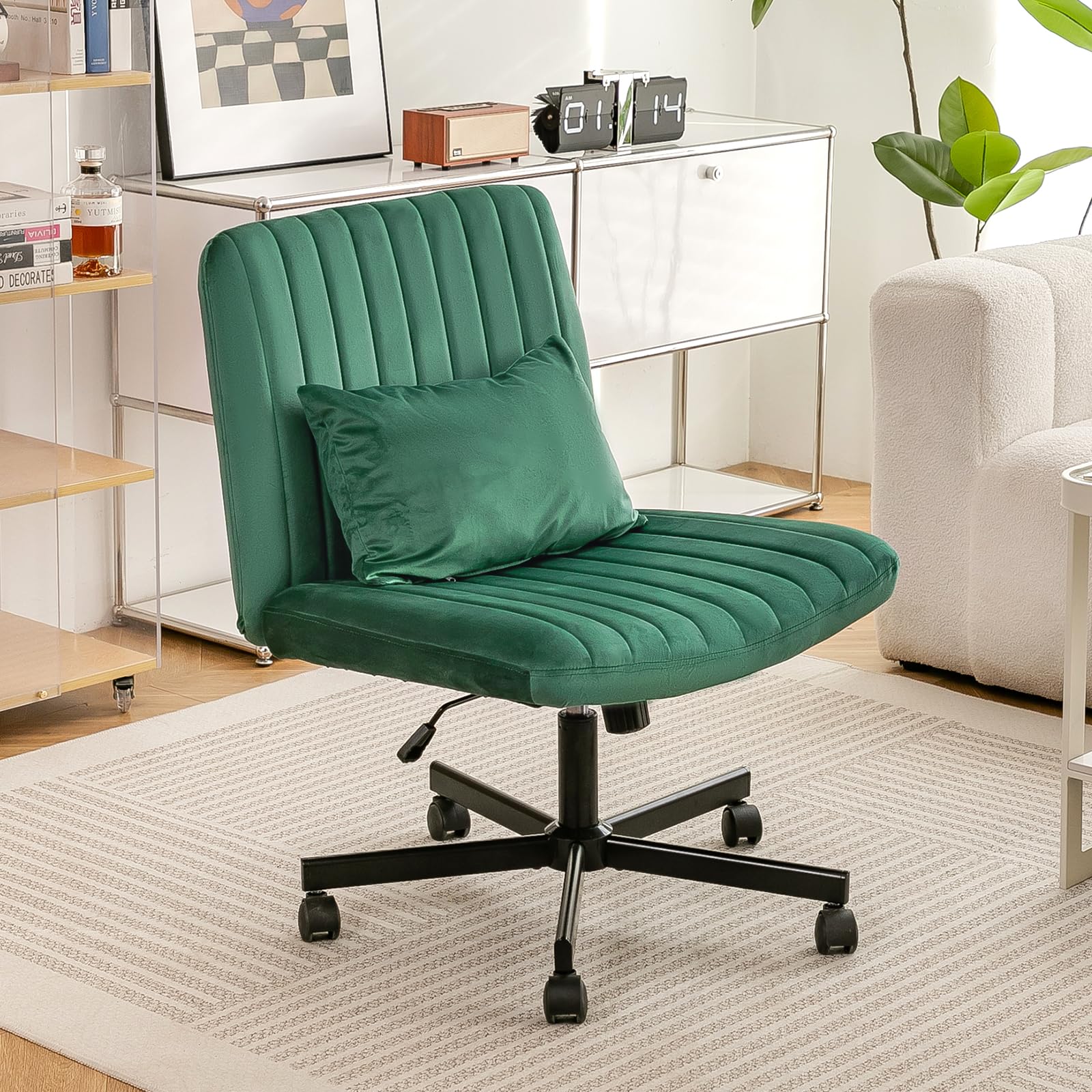 Criss Cross Chair, Office Chair Cross Legged with Wheels, Armless Office Chair, Velvet Desk Chairs with Wheels for Home Office, Meditation, Makeup (Velvet Green)