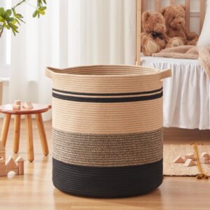 Woven Laundry Basket Hamper, 80L Tall Basket for Blanket Storage, Cotton Rope Decorative Storage for Living Room, Dirty Clothes Basket, Baby Hamper for Nursery (Black & Brown)