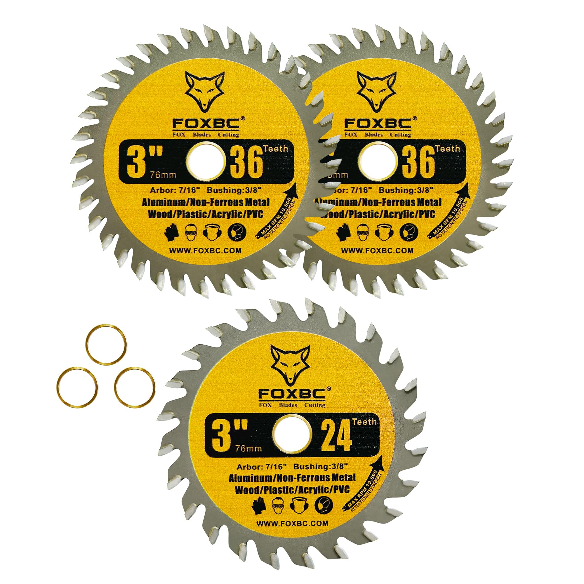 FOXBC 3 Inch Carbide Circular Saw Blade 24 Tooth, 36 Tooth for Wood, Plastic, PCV, Acrylic, Aluminum with 7/16" Arbor, 3/8" Bushing - 3 Pack