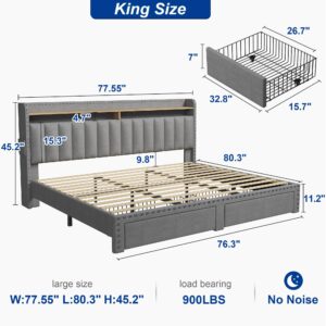 EnHomee King Size Bed Frame with Storage and Headboard, Upholstered King Bed Frame with Storage, Grey King Bed Frame with 2 Drawers, King Size Bed Frame with Storage, NO Noise,No Box Spring Needed