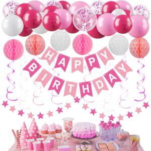 pink happy birthday party decorations set for women girls, pre-strung happy birthday sign banner, pink balloons, tissue paper pom poms, star garland, hanging swirls for birthday princess party